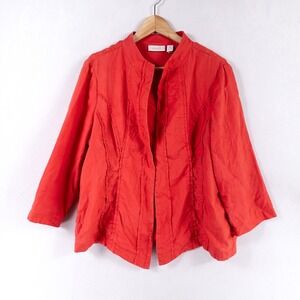 Chico's Jacket Women 2 US Large 12 Red 100% Linen Lightweight Open Front Pintuck